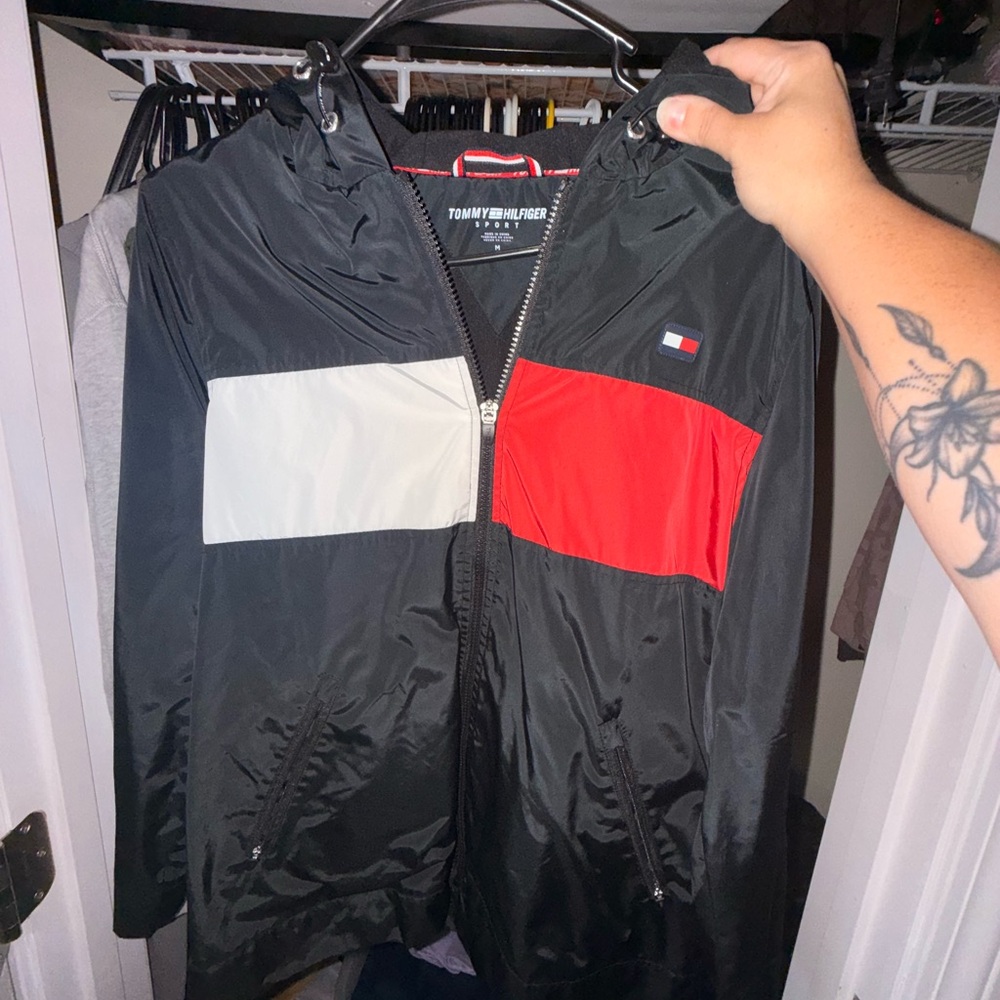 Tommy Hilfiger Black Windbreaker with Red and White Accents